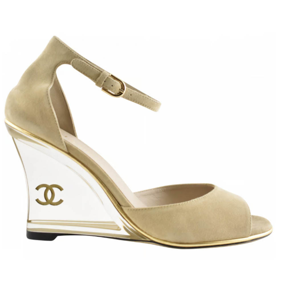 Chanel 20S Beige Suede Clear Gold CC Mules Ankle Strap Sandal Wedge Heel Pump 42